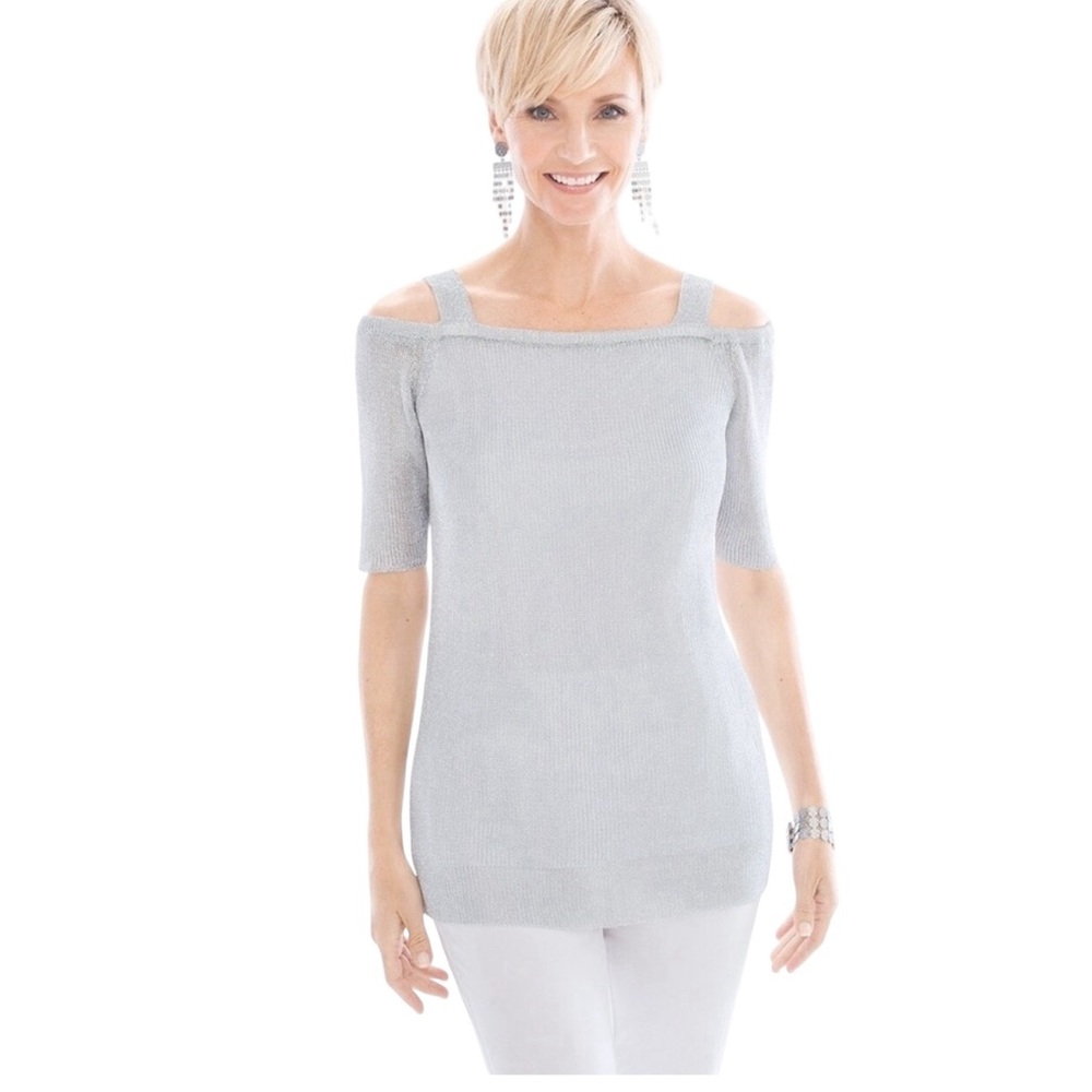 NWTS Women’s Chico’s Travelers Size 2 (Reg 12) Silver Metallic Cold Shoulder Top